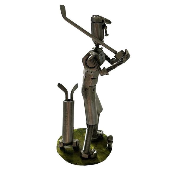 Miguel Metal Mejia Artist Scrap Metal Art Sculpture Golfer 8” Tall Signed Recyle - Picture 4 of 9